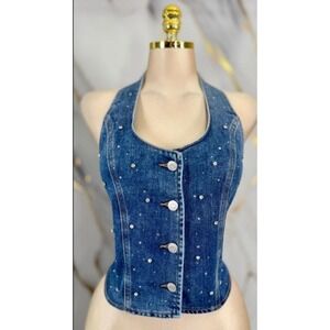 Lizette Collection Rhinestone Denim Halter Top Vest Medium Wash Blue LC24166 S